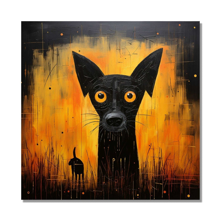 Against an ominous orange and black background emerges an eerie black dog with piercing orange eyes : Living room Painting