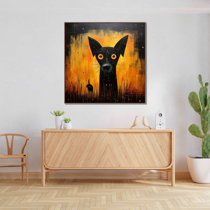 Against an ominous orange and black background emerges an eerie black dog with piercing orange eyes : Living room Paintings