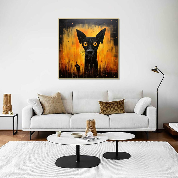 Against an ominous orange and black background emerges an eerie black dog with piercing orange eyes : Personal room Paintings