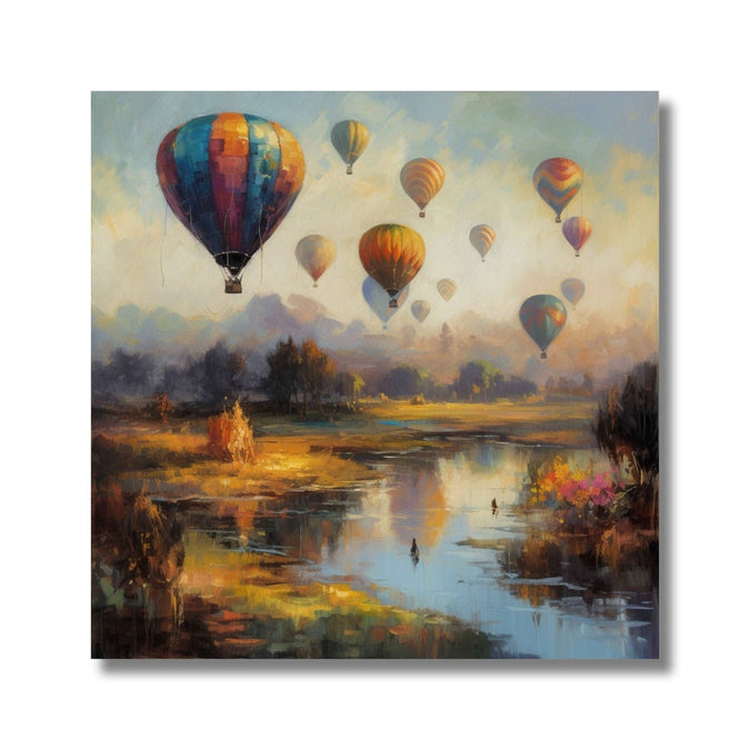 Air balloon in sky and jugle below with stream 