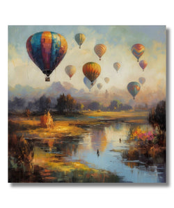 Air balloon in sky and jugle below with stream 