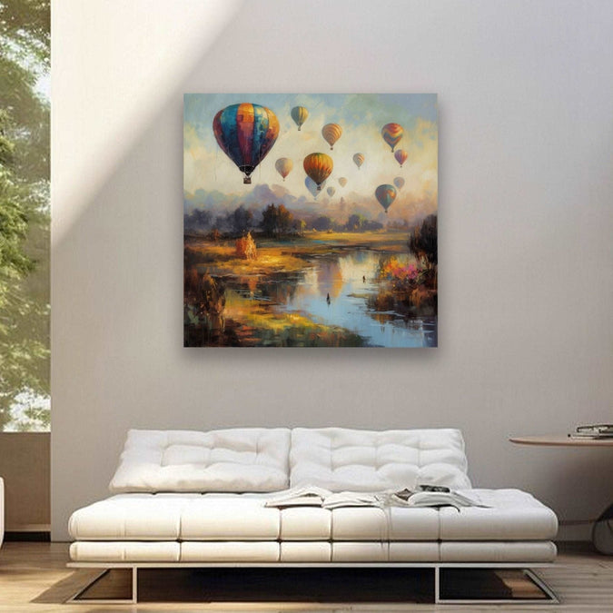 Air balloon in sky and jugle below with stream Room 1