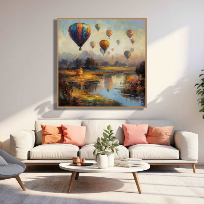 Air balloon in sky and jugle below with stream Room 3