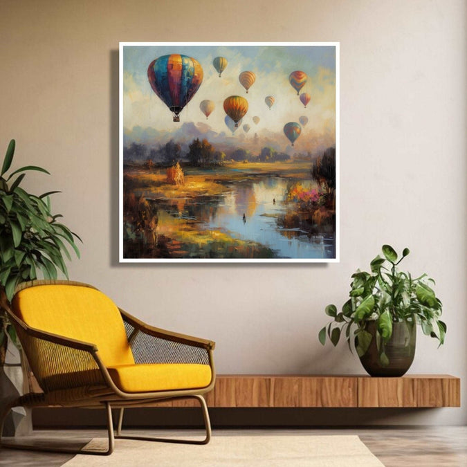 Air balloon in sky and jugle below with stream Room 4