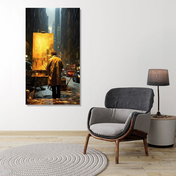 An Artist standing in a dark street, and paiting it a sa light filled street on a canvas