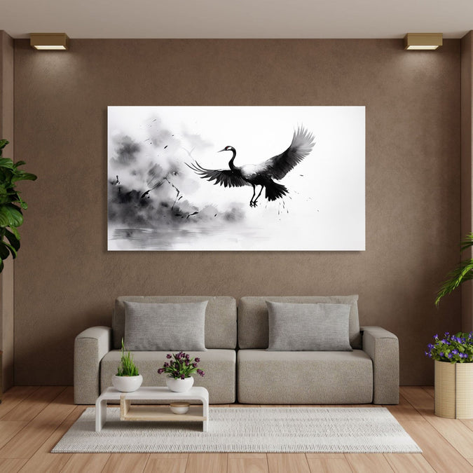 An Asian Monochrome landscape of a crane flying against an abstract background in black and white