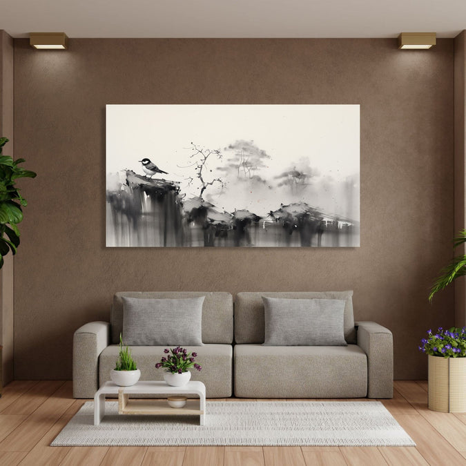 An Asian Monochrome landscape of a sparrow sitting on a cliff and faded tree line in background of black and white