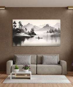 An Asian Monochrome landscape with boat in river and misty mountains in background