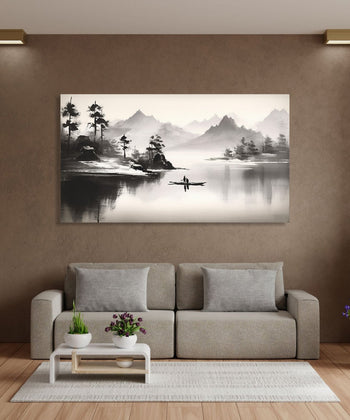 An Asian Monochrome landscape with boat in river and misty mountains in background