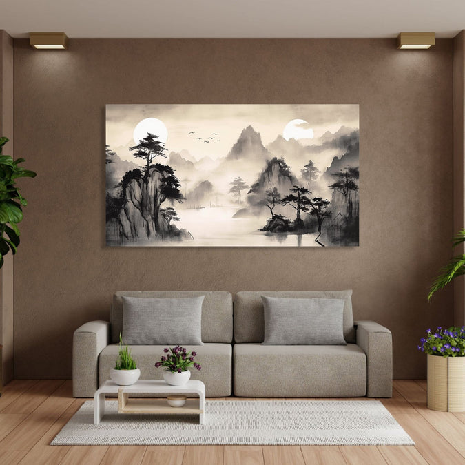 An Asian Monochrome of mountains, Lake and tree with Misty surroundings and two sun