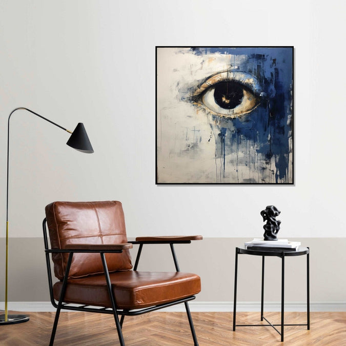 An open eye emerges against an abstract backdrop of deep, contemplative dark blue and the purity of white : Bed room Painting