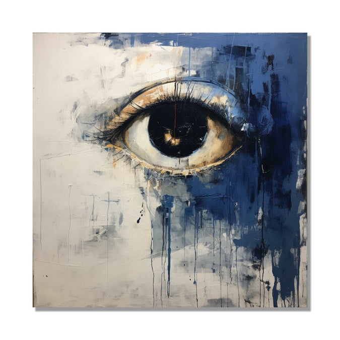 An open eye emerges against an abstract backdrop of deep, contemplative dark blue and the purity of white : Living room Painting