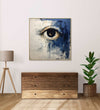 An open eye emerges against an abstract backdrop of deep, contemplative dark blue and the purity of white : Personal room Paintings