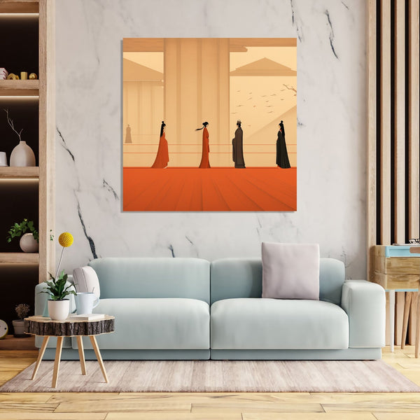 Asian Painting of four human figures inside a structure