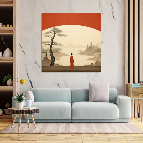 Asian Painting with a monk looking at hills, water and tree landscape