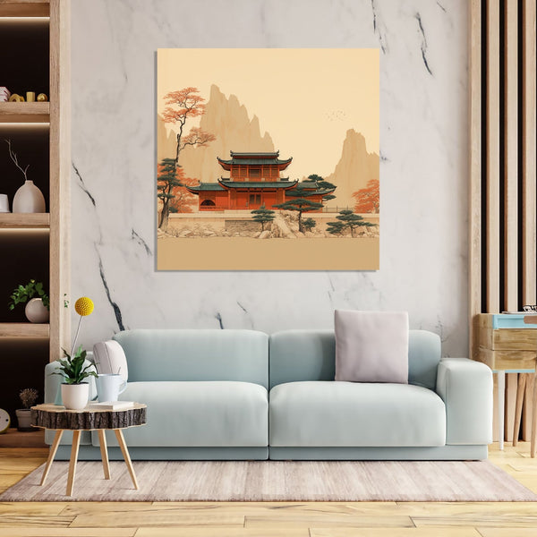 Asian Painting with a temple and mountain in background