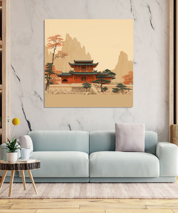 Asian Painting with a temple and mountain in background