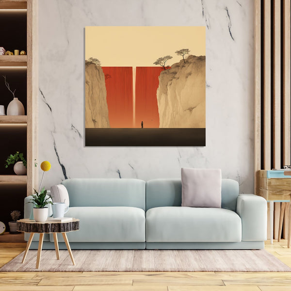 Asian Painting with a waterfall between two cliffs, a human figure standing down