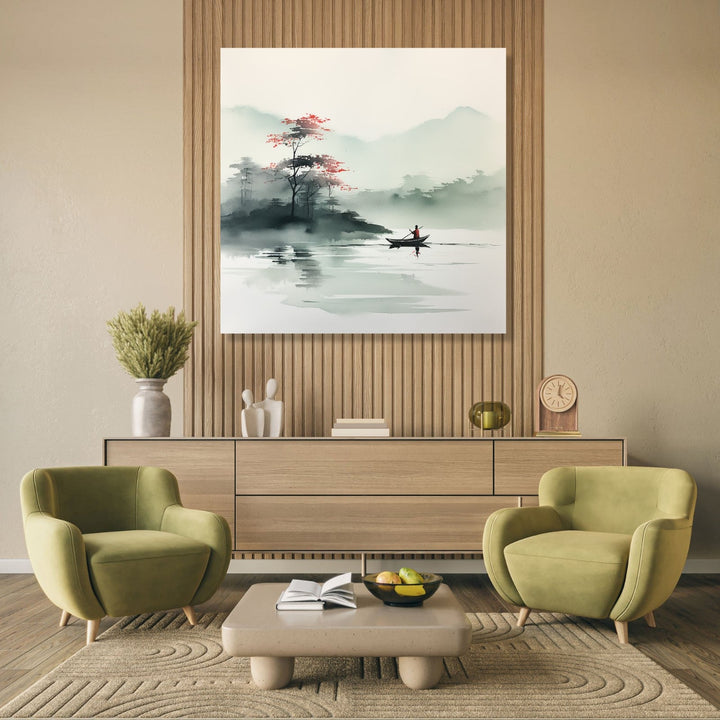 Asian Watercolour landscape of a small boat in the waterbody, trees and mountains in the background