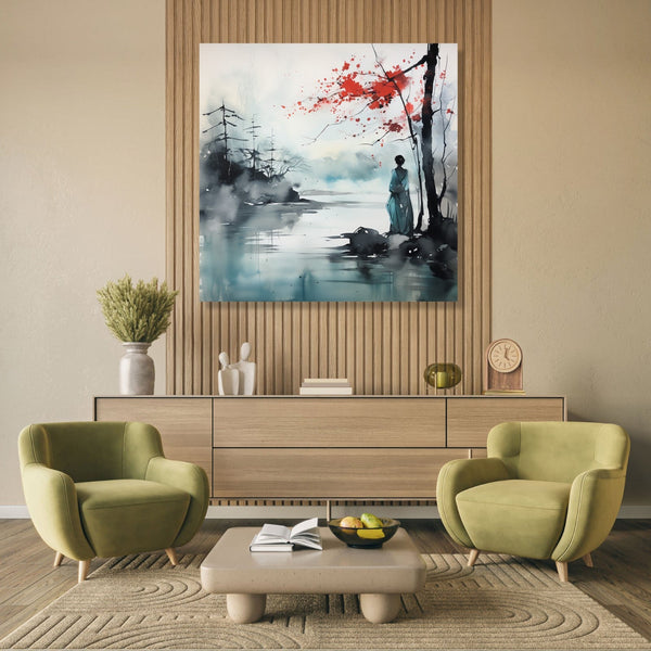 Asian, Watercolour landscape with a woman standing next to a red flower tree and water stream