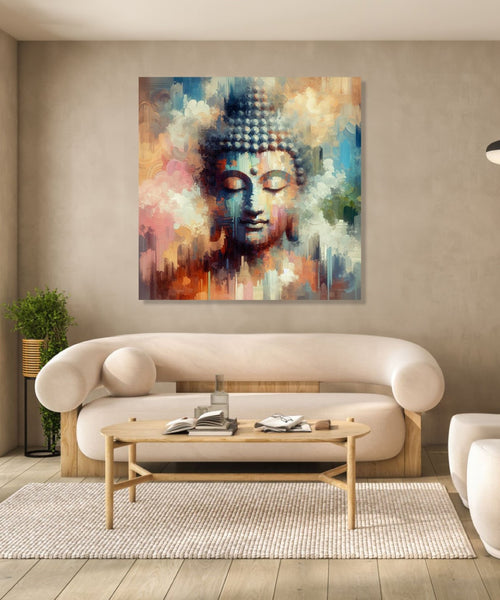 A meditating buddha in Patchwork abstract background, Colours White, Blue, Pink, Peach, Beige
