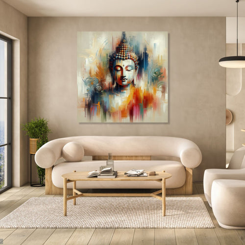 A meditating buddha in plain abstract workwith light grey, orange,light blue colours