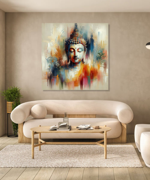 A meditating buddha in plain abstract workwith light grey, orange,light blue colours