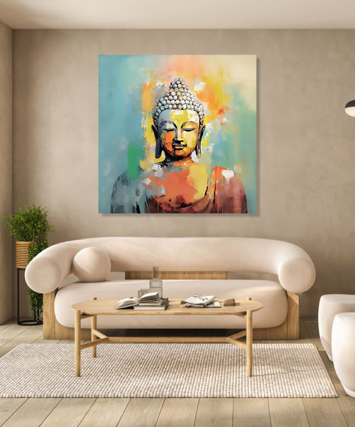 Meditating Buddha in bright Blue-Gree, yellow, orange and grey heus. Plaing mixing or colours