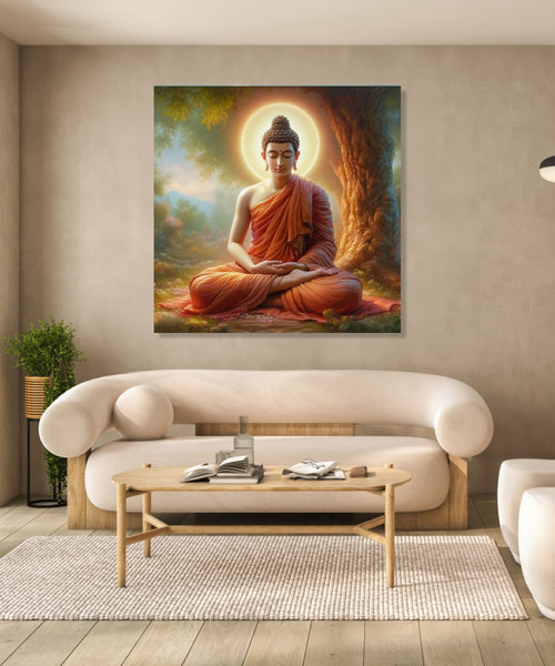 A realistic painting of meditating buddha under a tress with gold orb behind his head