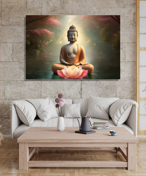Buddha in peaceful Water and pink trees with Lotus in front