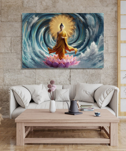 Buddha standing on a lotus, with Blue water spiral and gold orb in background