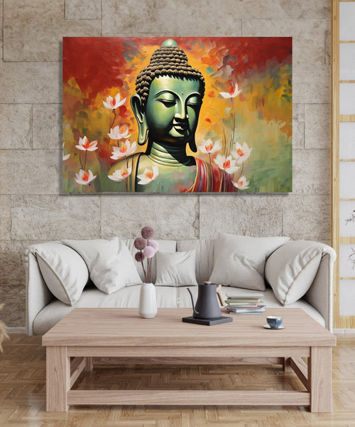 Buddha meditating with Orange, Red background and small lotus flowers