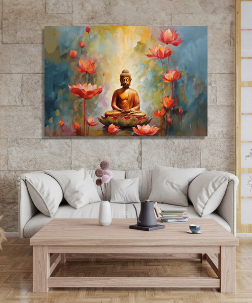 Buddha meditating in colourful patchy background in lighter heus and Orange Lotus flowers in foreground