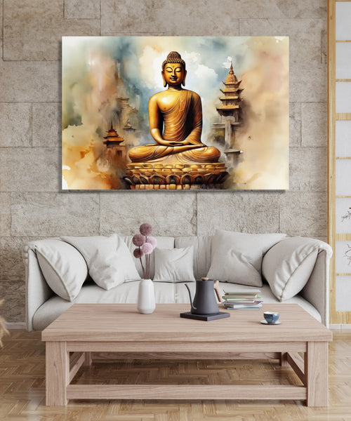 Buddha meditating with background of ancient cityscape