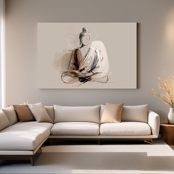 Minimal Buddha Sketch in Ink on Beige for Zen Decor