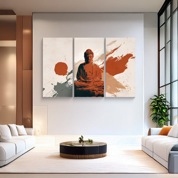 Bold Buddha Canvas Triptych with Brushstroke Accent