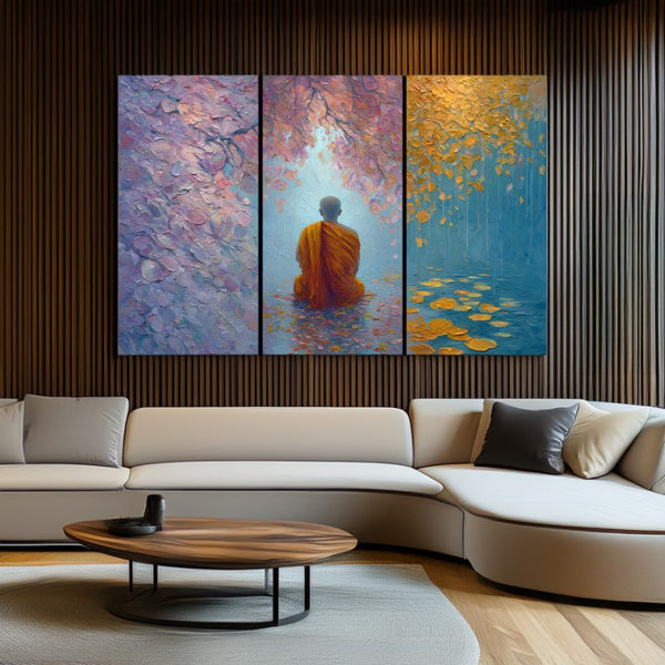 Monk Under Blossoming Trees Tranquil Pastel Triptych Wall Painting