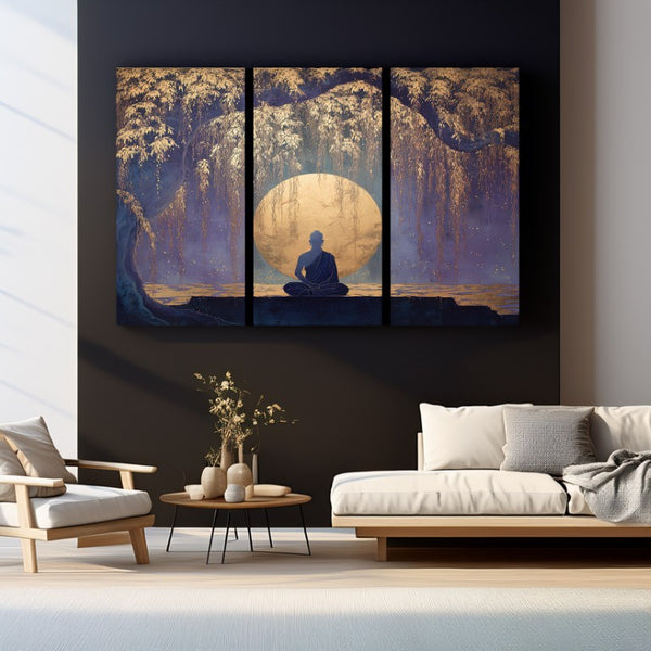 Golden Moon & Buddha Meditation Luxury Spiritual Wall Art