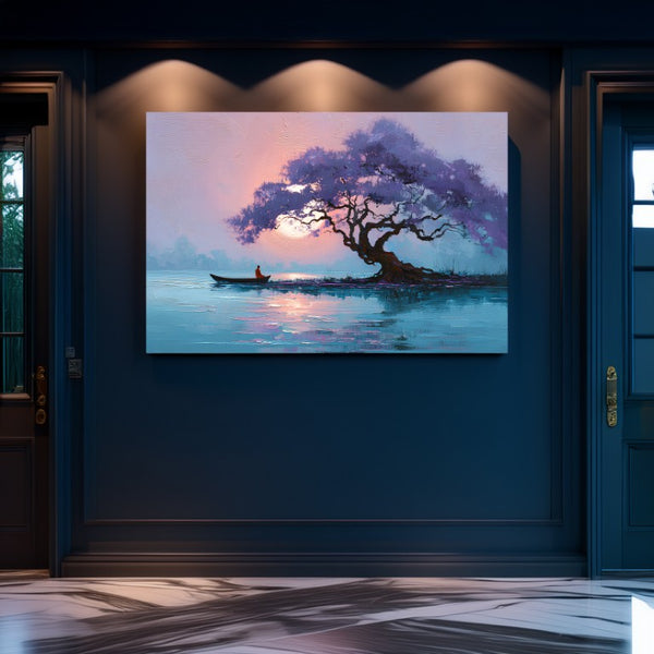 Solitude by the Lake Meditative Monk and Tree Sunset Painting