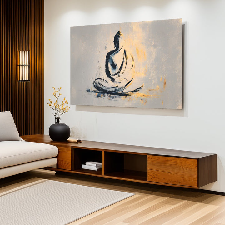 Zen Abstract Minimalist Abstract Buddha Back Pose - Zen Gray Gold Wall Art