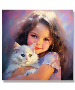 Baby girl, white cat 