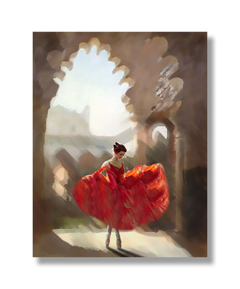 Ballet dancer standing on toes, wearing orange dress, in palace typre structure 