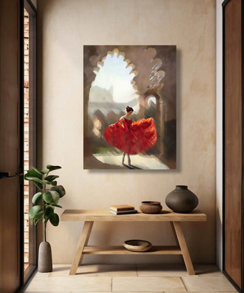 Ballet dancer standing on toes, wearing orange dress, in palace typre structure Room 1