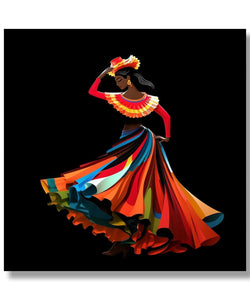 Black background, woman with heavy colourful skirt and hat swirling 