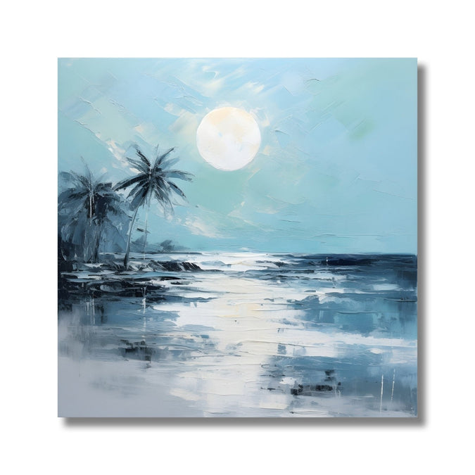 Blue and whit etheme, sea beach, full moon, reflection , 2 coconut tree 