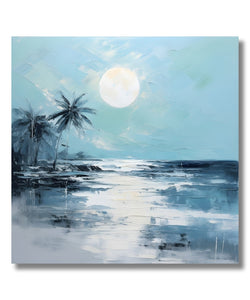 Blue and whit etheme, sea beach, full moon, reflection , 2 coconut tree 