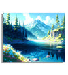 Blue green theme, snow caped mountain, trees, lake 