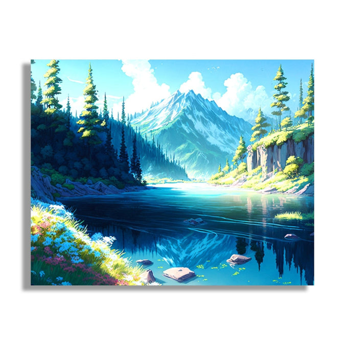 Blue green theme, snow caped mountain, trees, lake 