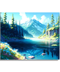 Blue green theme, snow caped mountain, trees, lake 