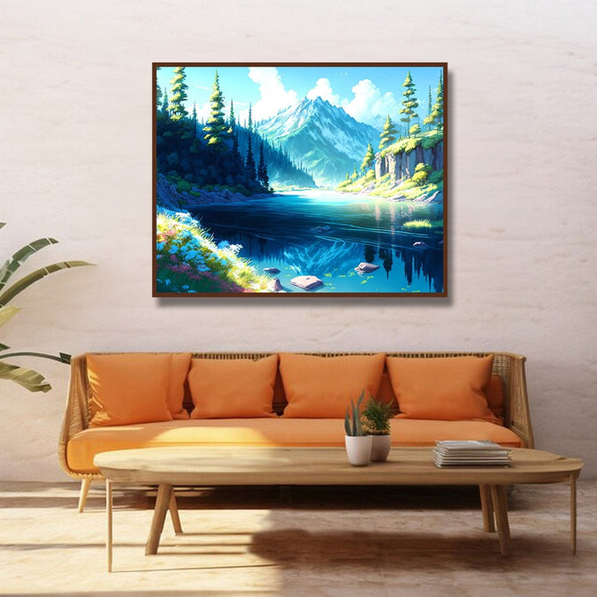 Blue green theme, snow caped mountain, trees, lake Room 2